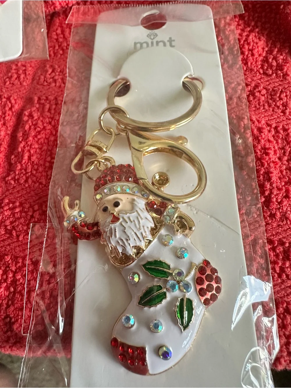 Gold Santa Stocking Keychain - White & Red Christmas Charm